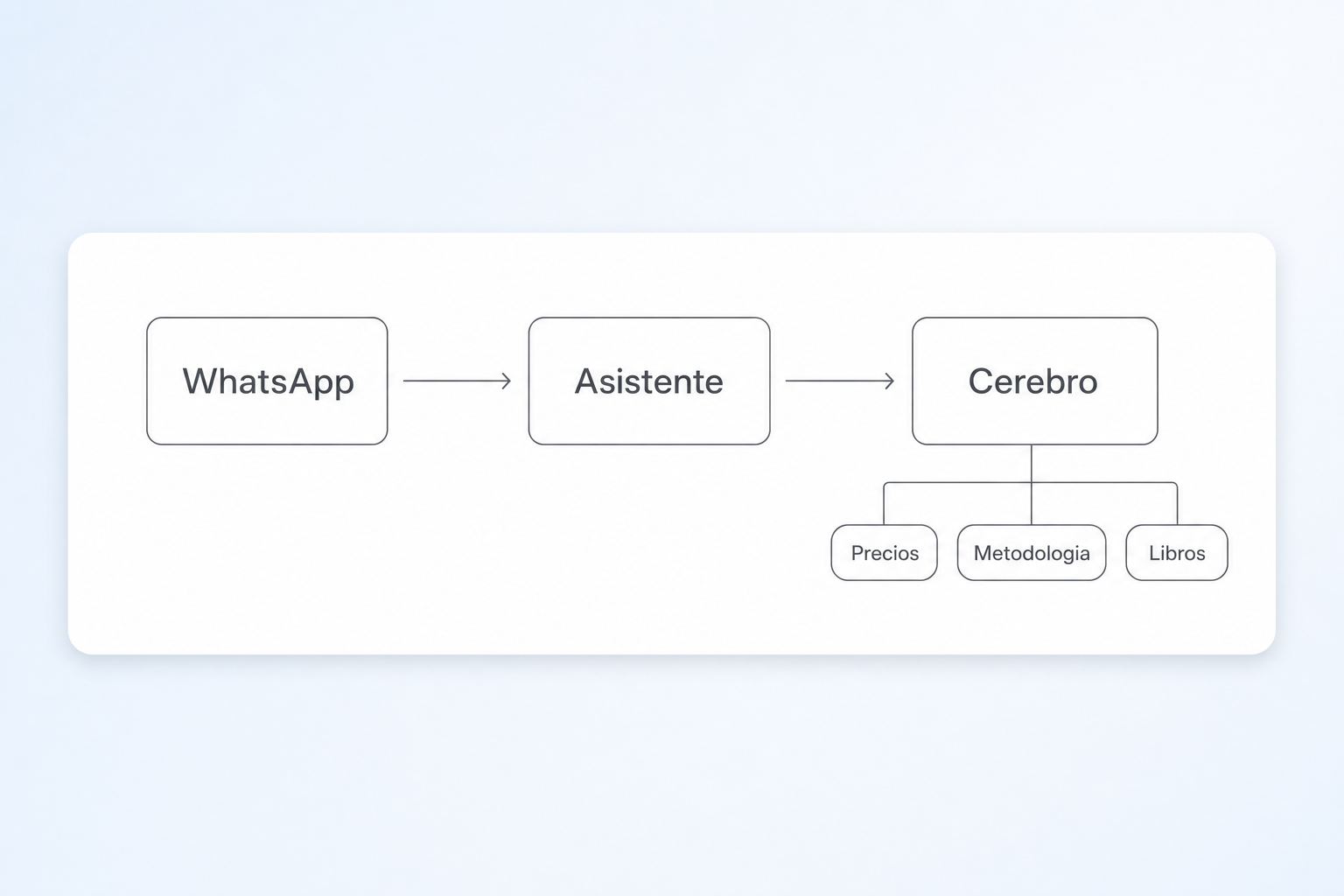 WhatsApp conectado al Asistente, y el Asistente conectado al Cerebro, que a su vez reúne precios, metodología y libros.